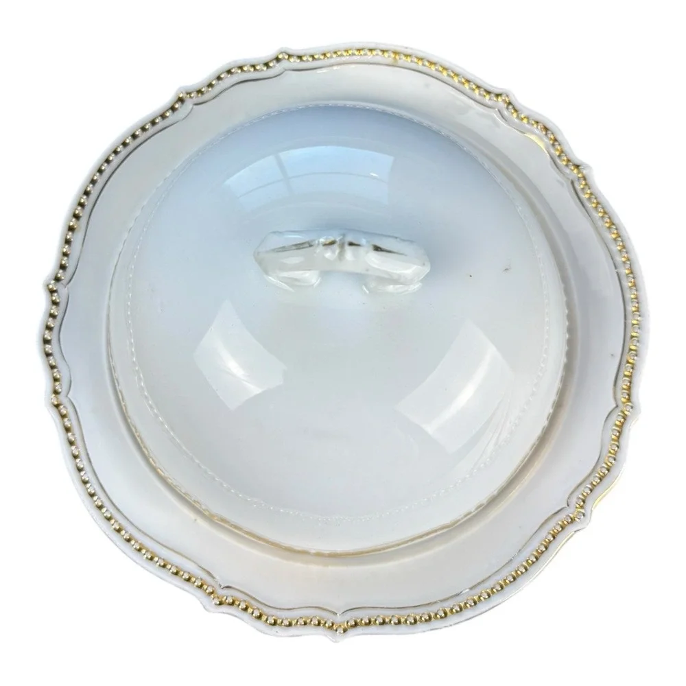 Antique‎ P.K. Silesia Covered Butter Dish with Gold Beaded Trim